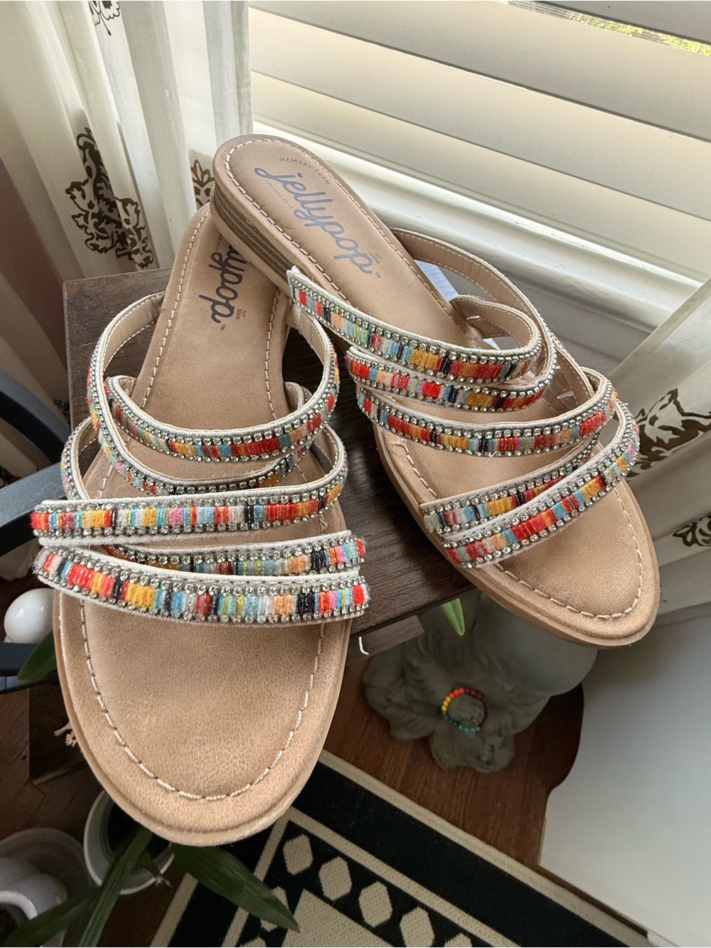 Jellypop Tan Multicolor Beaded Strappy Slide Sandals
